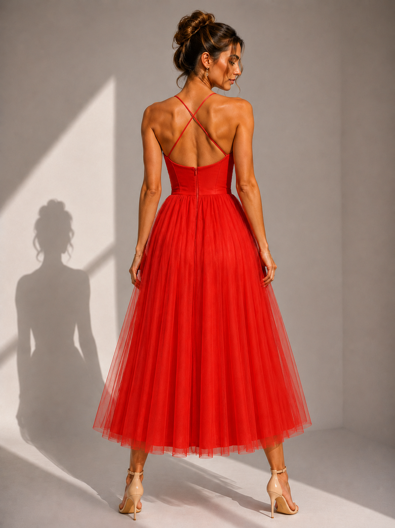 Chiyoko - Rochie Midi Elegantă Cu Spatele Decupat