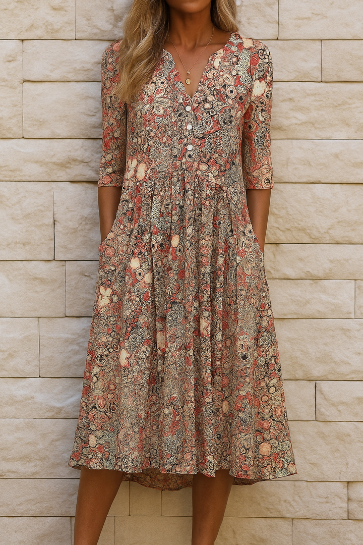 Eliskaa - Rochie Elegantă Cu Imprimeu Floral și Decolteu în V