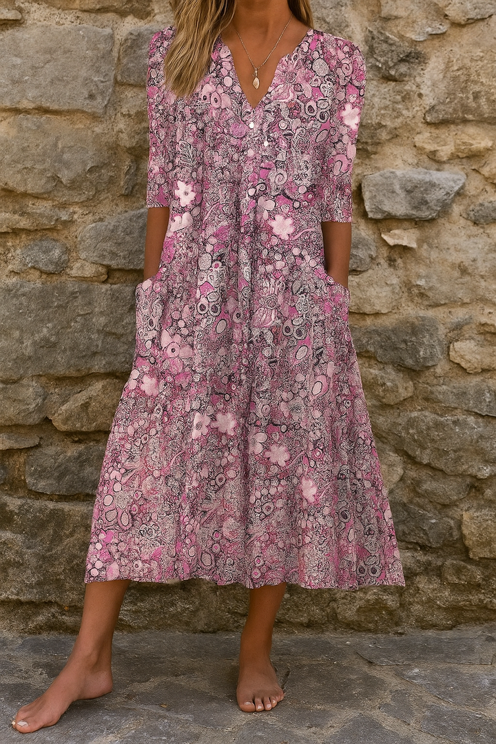 Eliskaa - Rochie Elegantă Cu Imprimeu Floral și Decolteu în V
