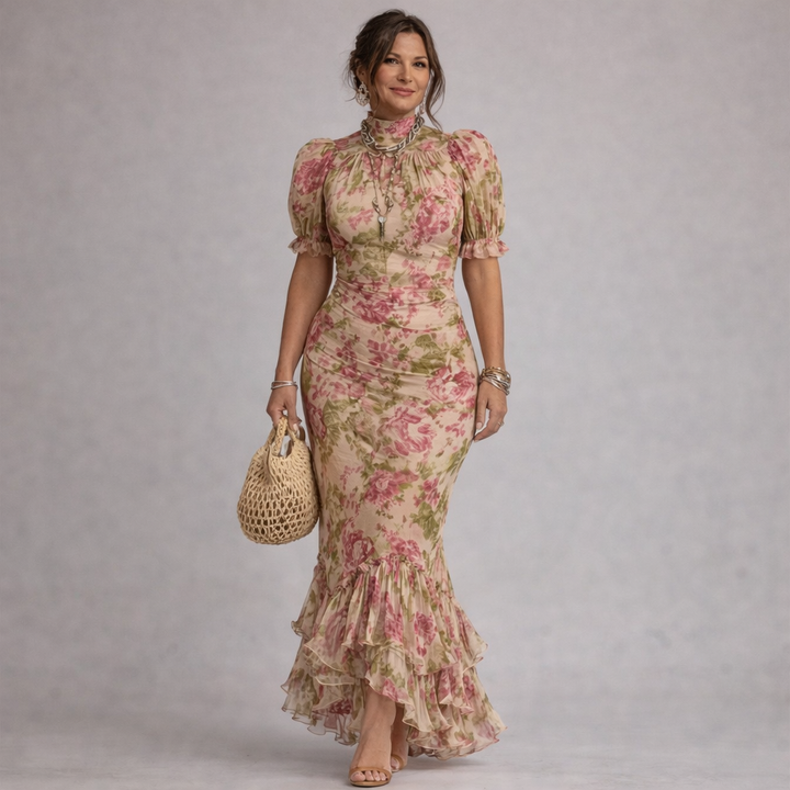 Erikka – Rochie Florală Din șifon Cu Tiv Cu Volane