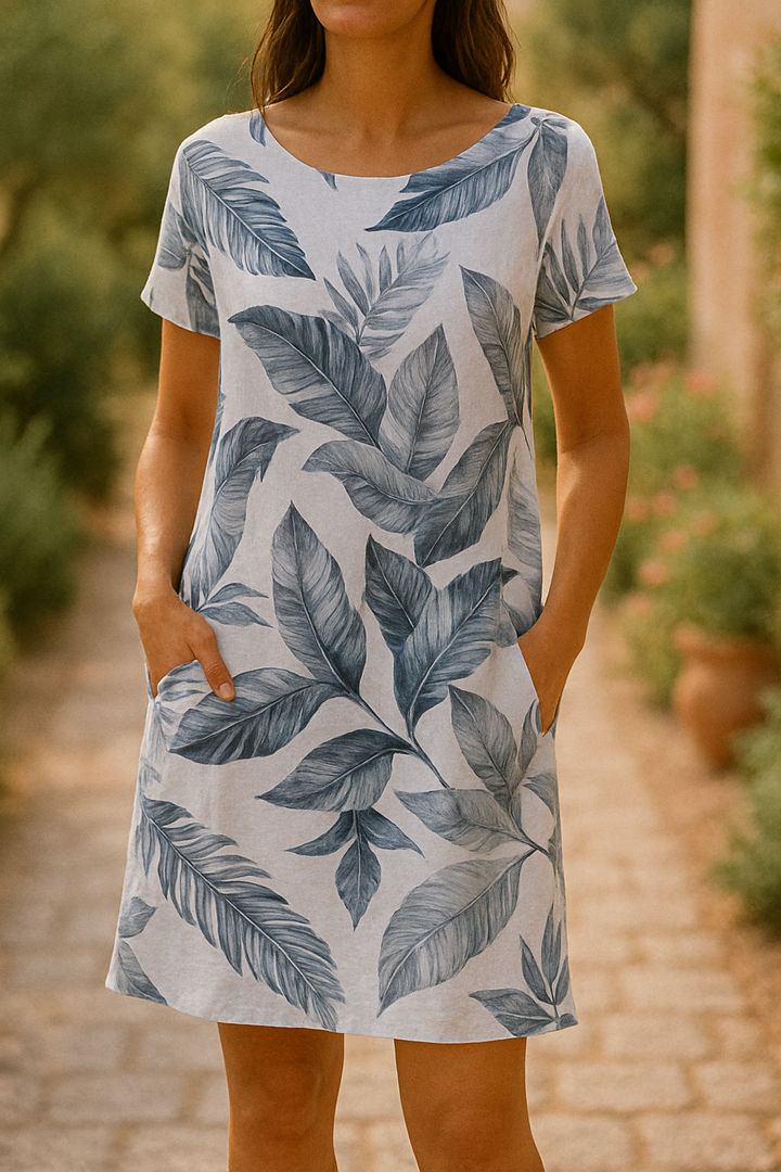 Frankie - Rochie Elegantă Din In Cu Imprimeu Frunze