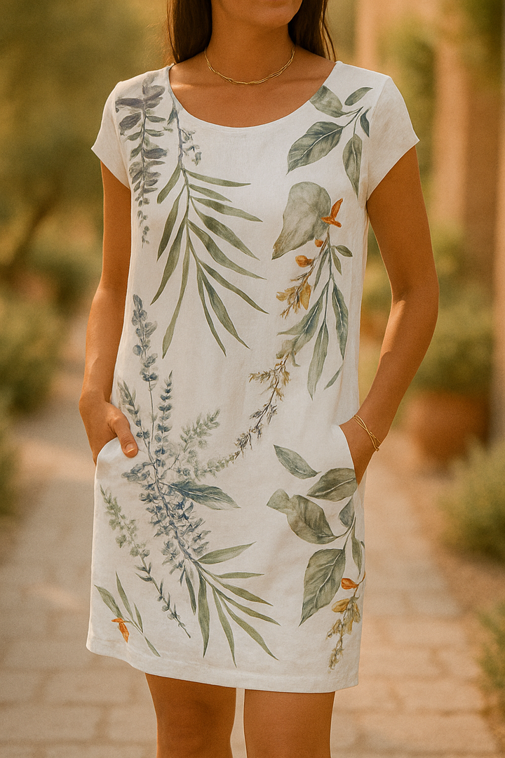 Frankie - Rochie Elegantă Din In Cu Imprimeu Frunze