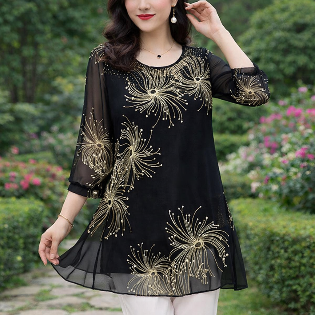 Skirmante - Bluze Din Sifon Imprimate cu Guler Rotund