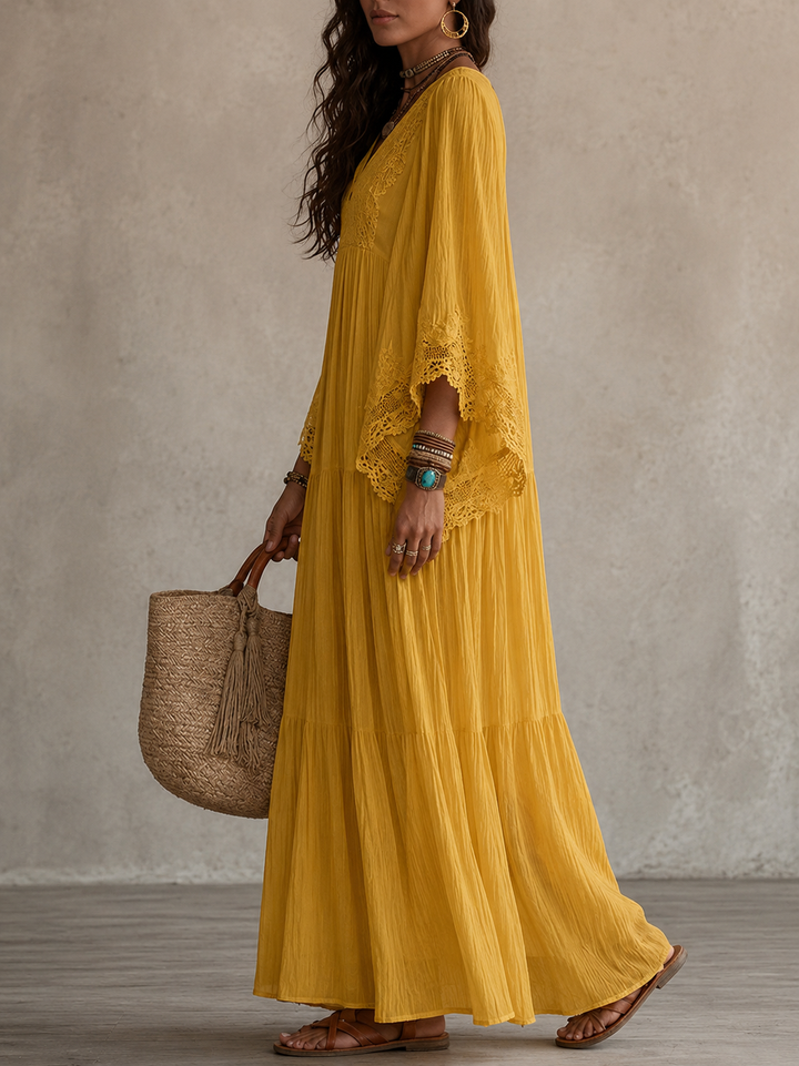 Ainura - Rochie Lungă Din Șifon De Culoare Fildeș Și Dantelă