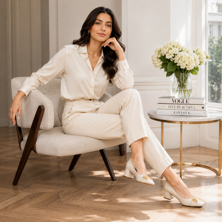 Hadeel - Pantofi Cu Vârf Ascuțit, Toc Gros Și Cataramă Cu Fundă