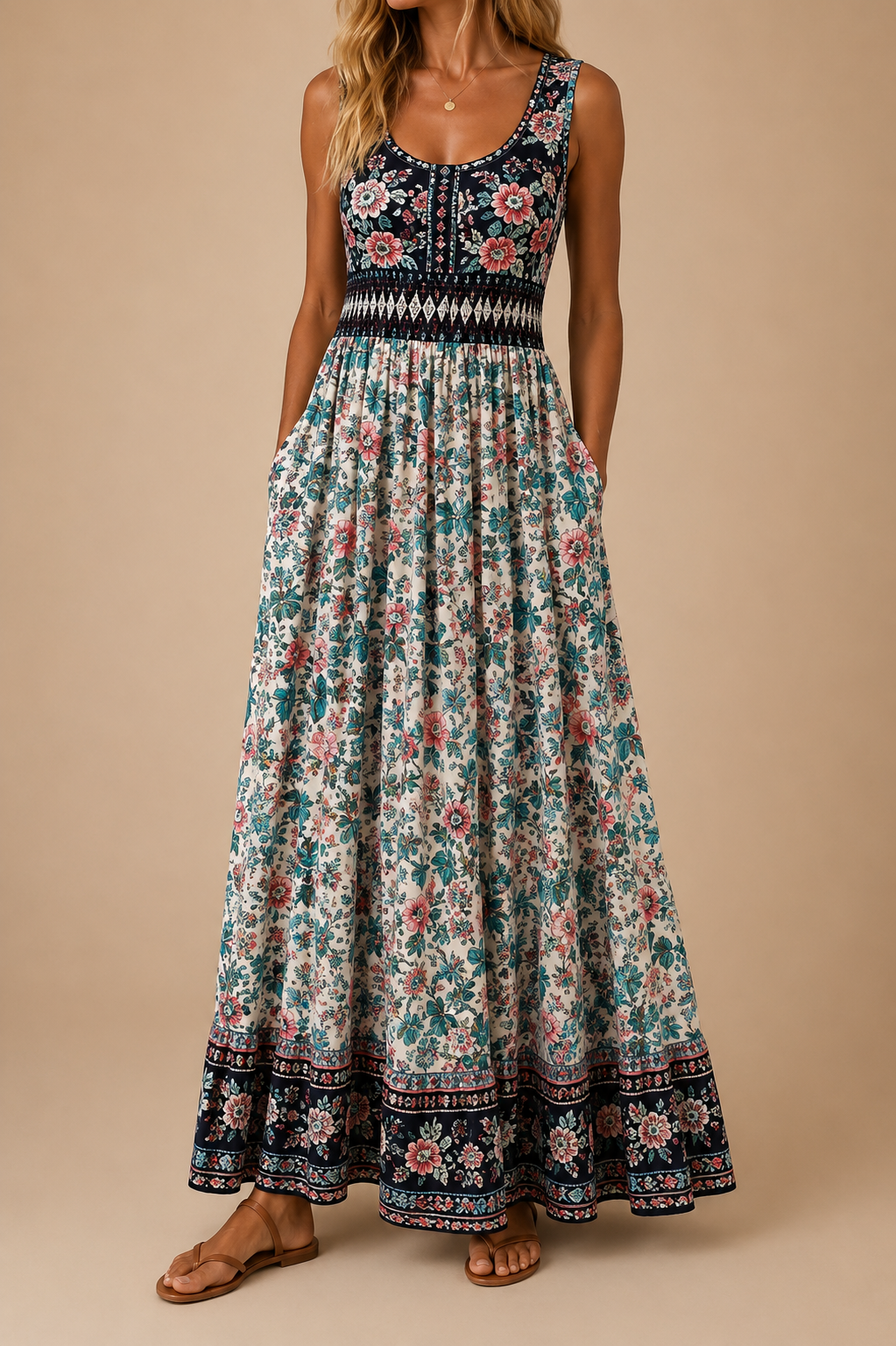 Raqual – Rochie Lungă cu Imprimeu Floral și Buzunare