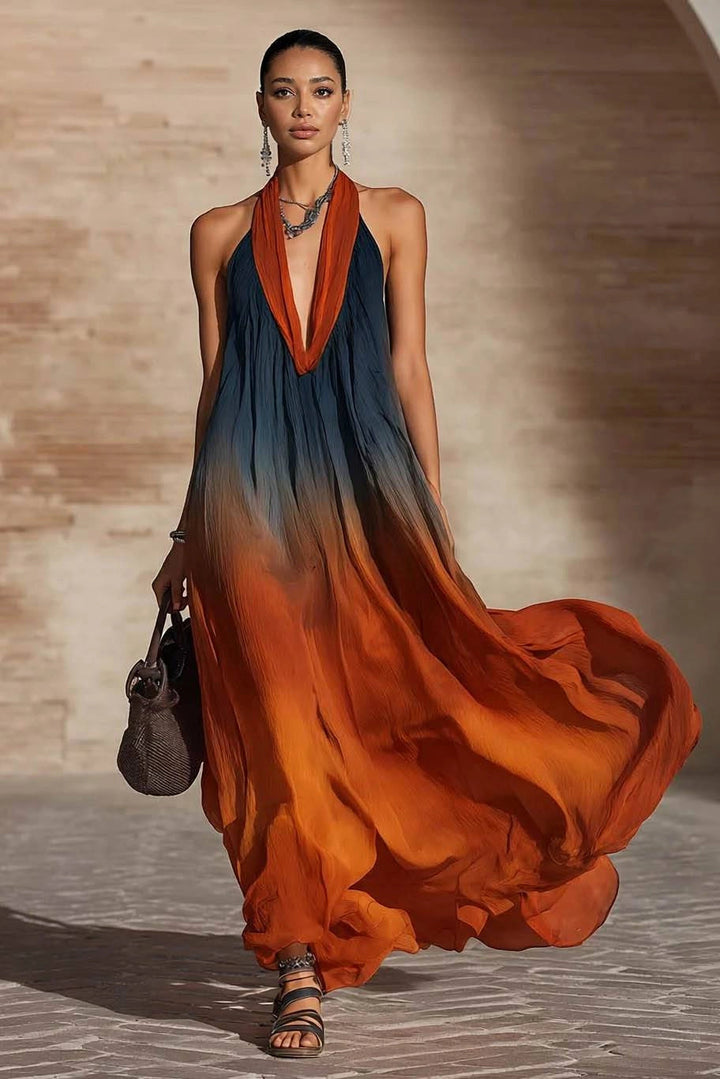 Naeela – Rochie Lungă Cu Decolteu Halter/în V și Efect Ombre