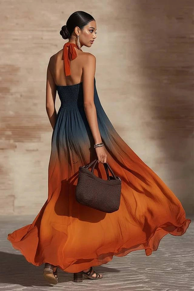 Naeela – Rochie Lungă Cu Decolteu Halter/în V și Efect Ombre
