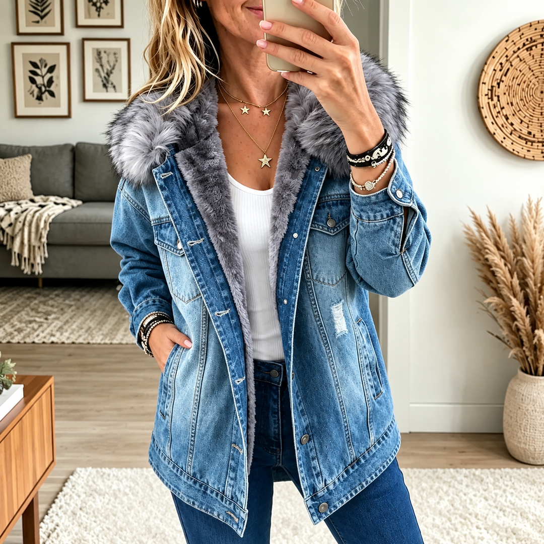 Milene - Jachetă Din Denim Cu Guler Din Blană