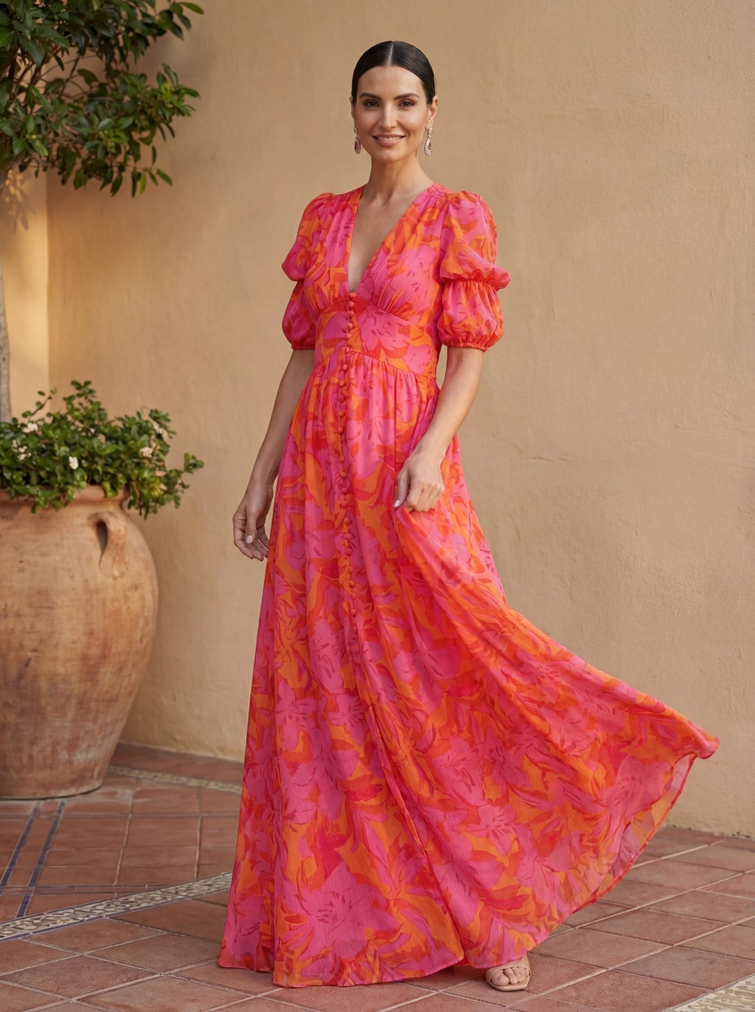 Zinnia - Rochie Lungă Cu Decolteu În V Și Imprimeu Floral Vibrant