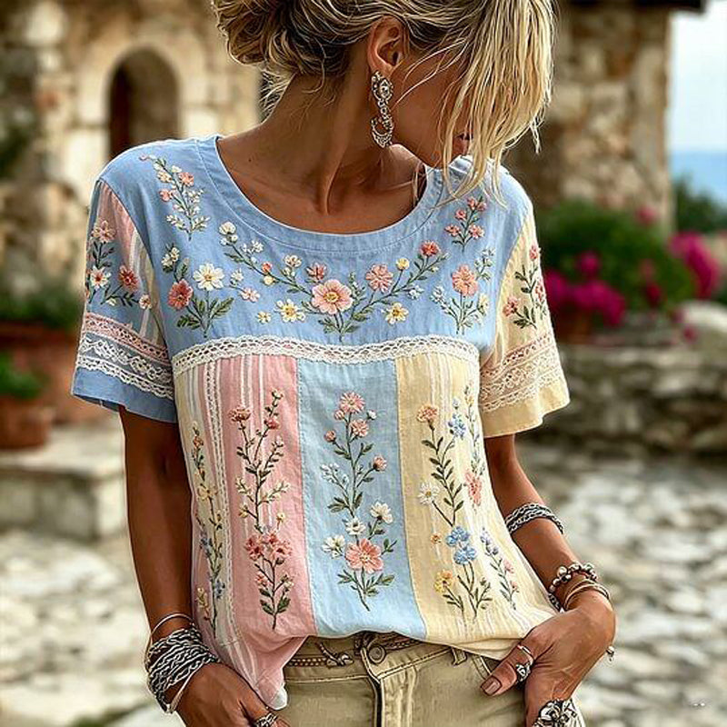 Solenna – Bluză cu Mâneci Scurte, în Stil Patchwork, cu Broderie Florală