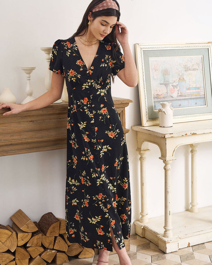 Kambria - Rochie Midi Cu Mâneci Scurte Si Flori