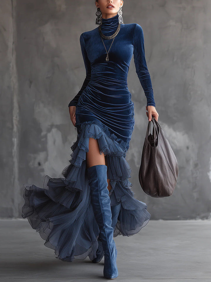 Fiana - Rochie Lungă Din Catifea Cu Pliuri Elegante