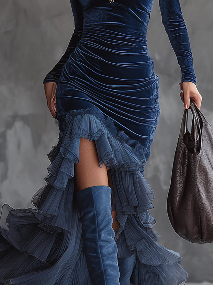 Fiana - Rochie Lungă Din Catifea Cu Pliuri Elegante