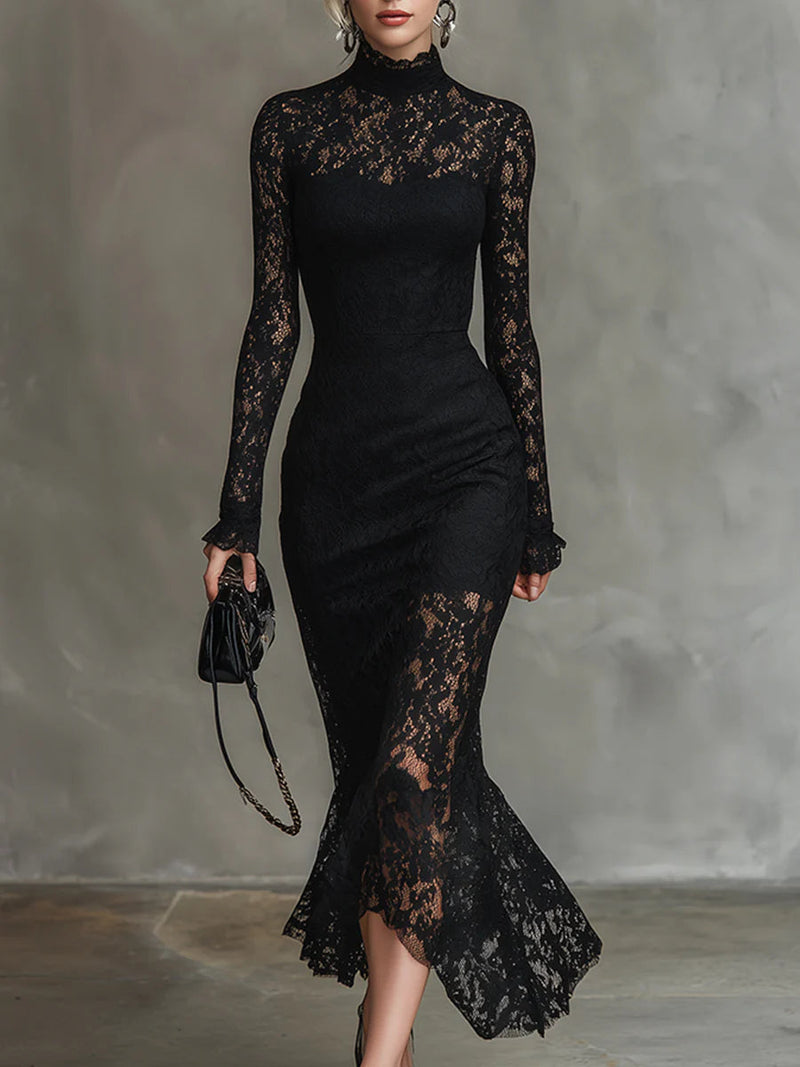 Yalissa - Rochie Lungă din Dantelă cu Mâneci Lungi