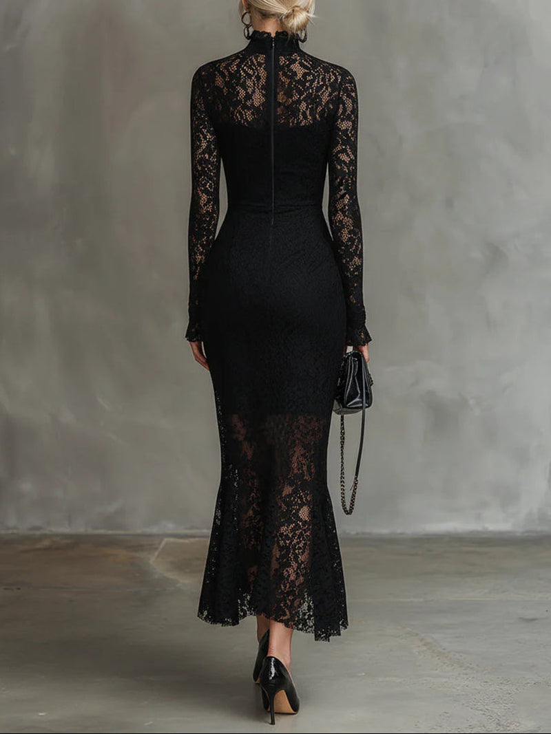 Yalissa - Rochie Lungă din Dantelă cu Mâneci Lungi