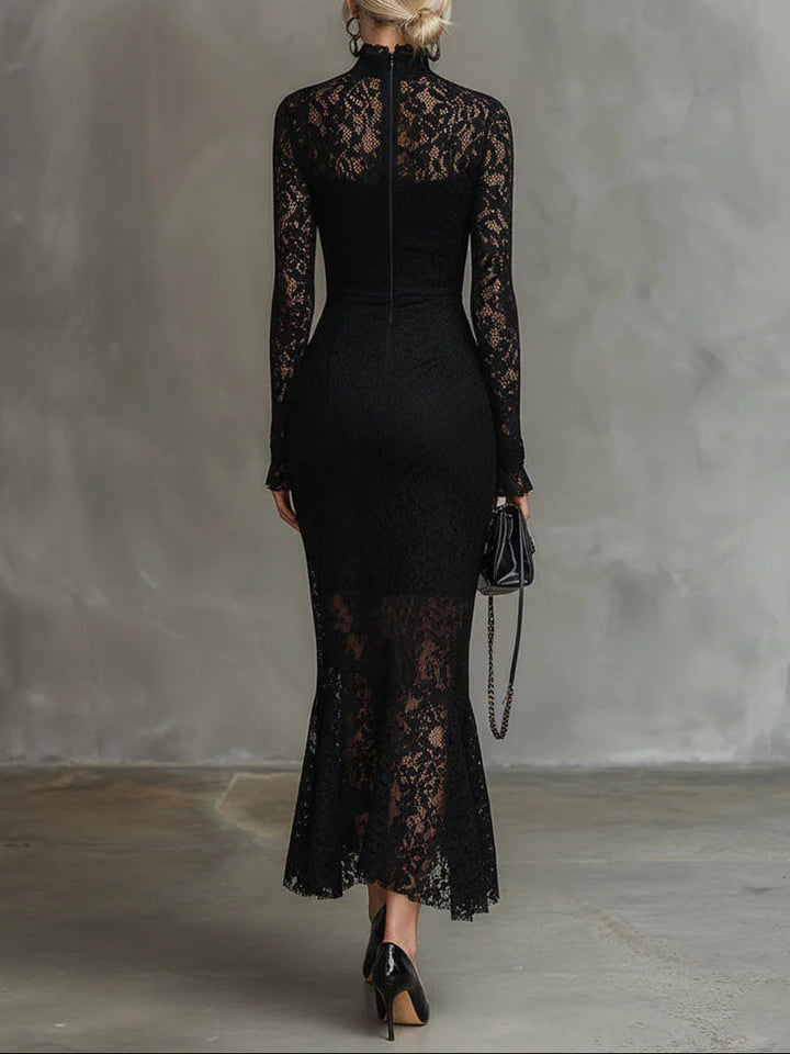 Yalissa - Rochie Lungă din Dantelă cu Mâneci Lungi