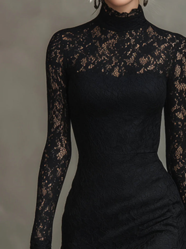Yalissa - Rochie Lungă din Dantelă cu Mâneci Lungi