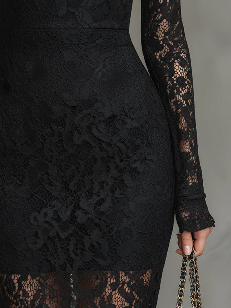 Yalissa - Rochie Lungă din Dantelă cu Mâneci Lungi