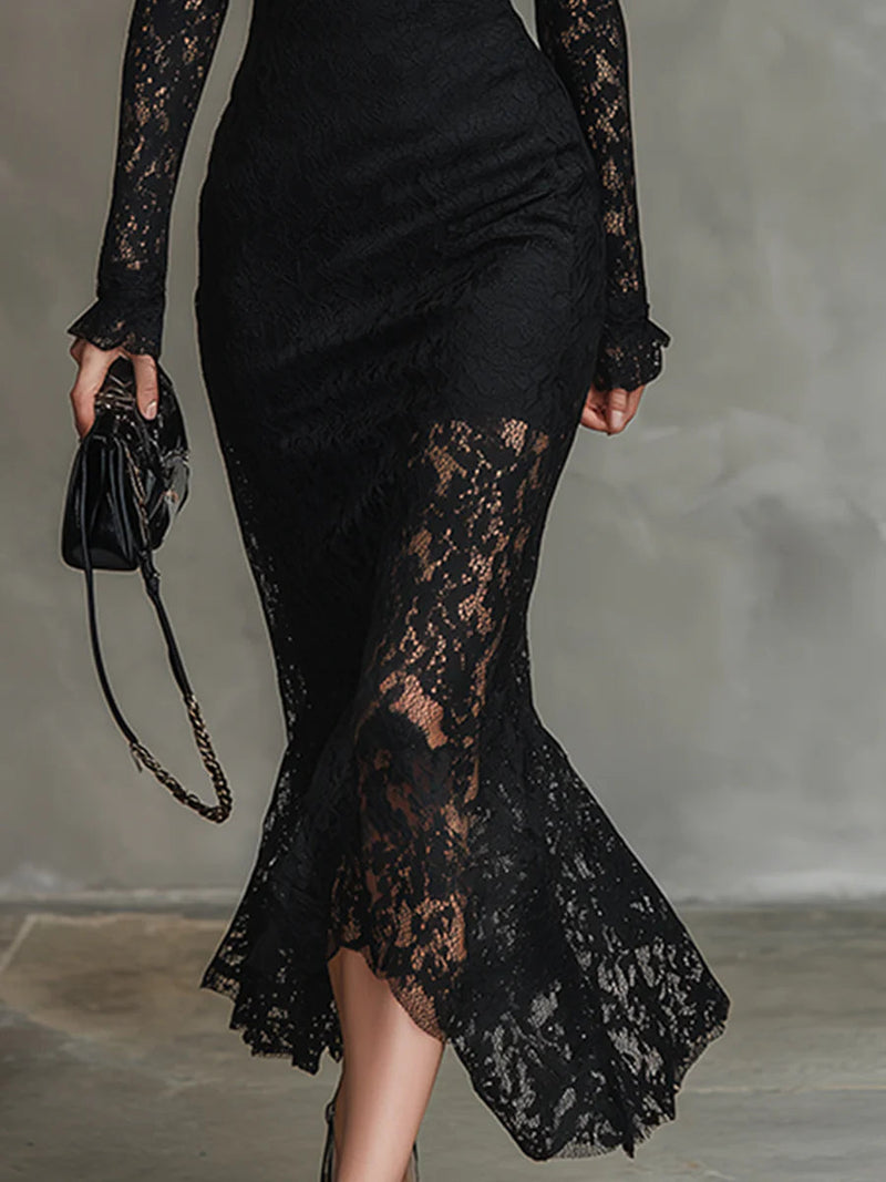 Yalissa - Rochie Lungă din Dantelă cu Mâneci Lungi