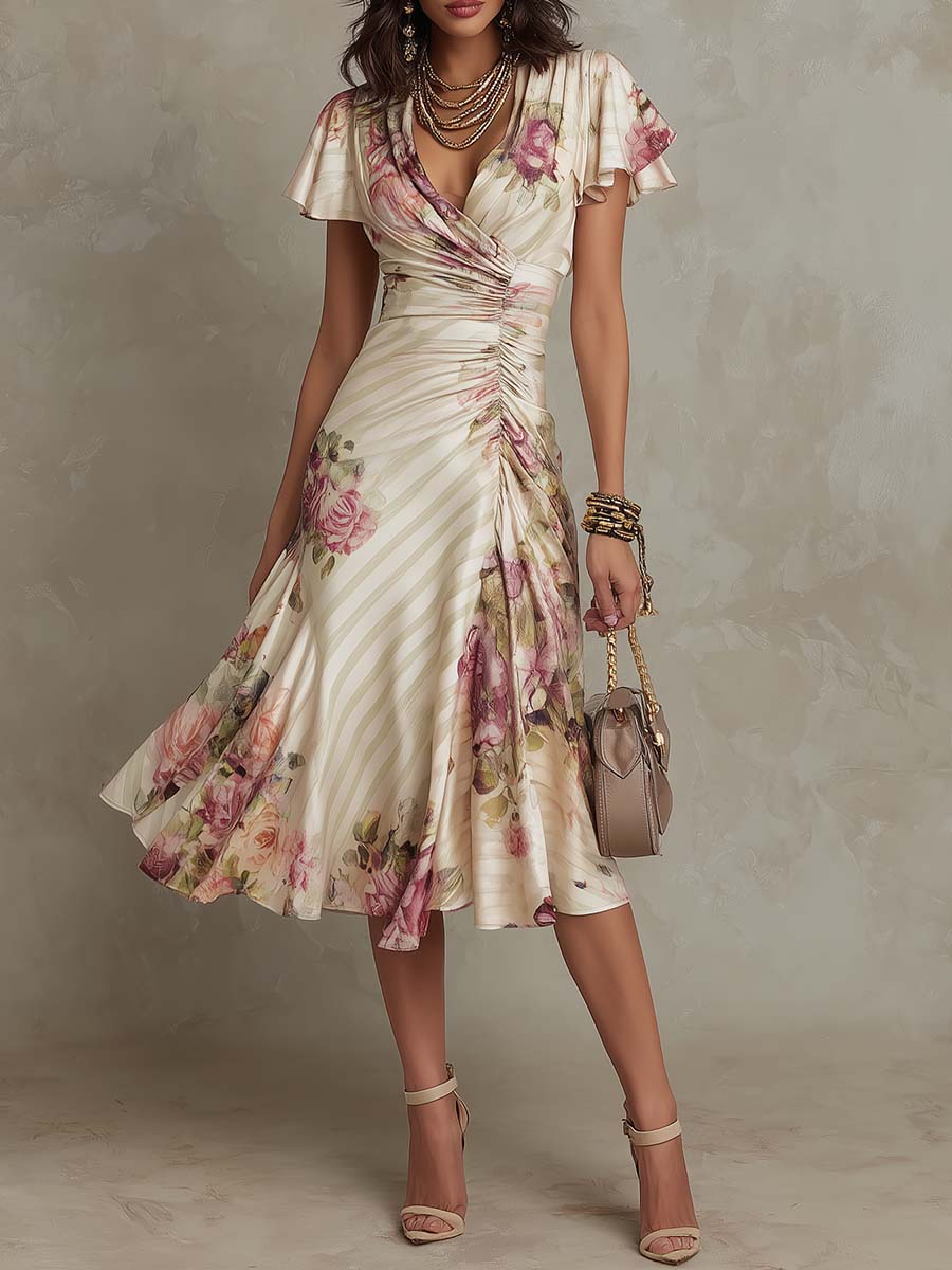 Neomi - Rochie Elegantă Din Satin Cu Imprimeu Floral Retro