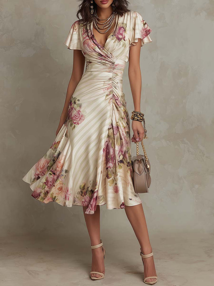Neomi - Rochie Elegantă Din Satin Cu Imprimeu Floral Retro