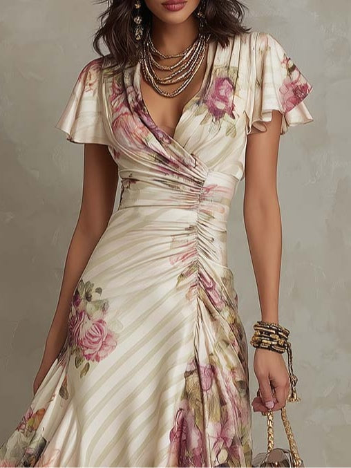 Neomi - Rochie Elegantă Din Satin Cu Imprimeu Floral Retro