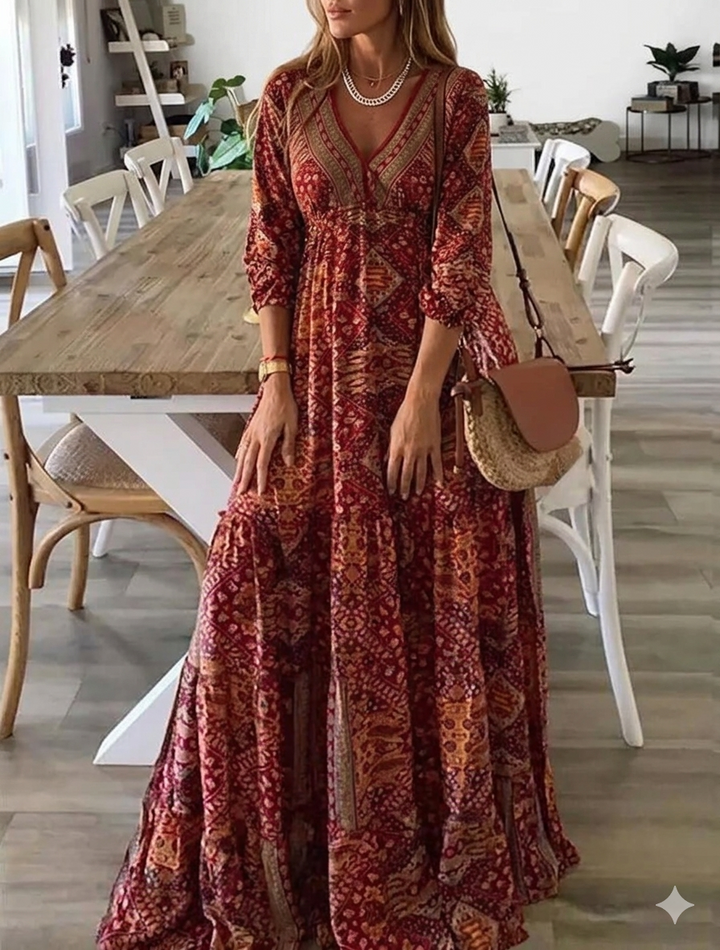 Bettie - Rochie Lungă Cu Mâneci Scurte Și Imprimeu Boem