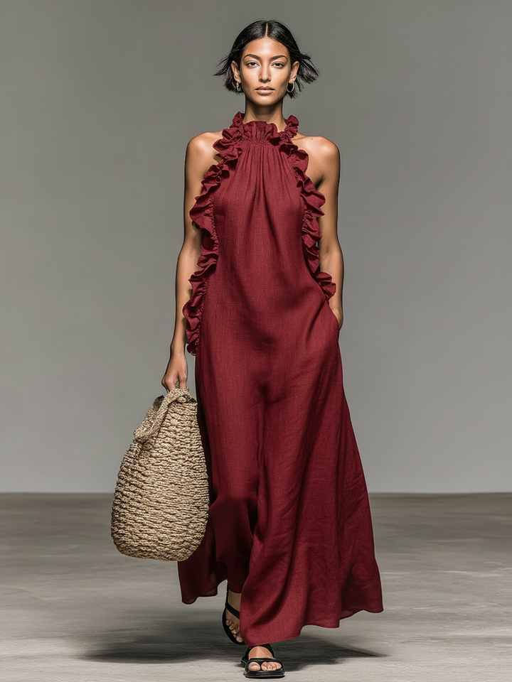 Fiora – Rochie Lungă Fără Mâneci, Cu Volane, Gât Halter Și Buzunare