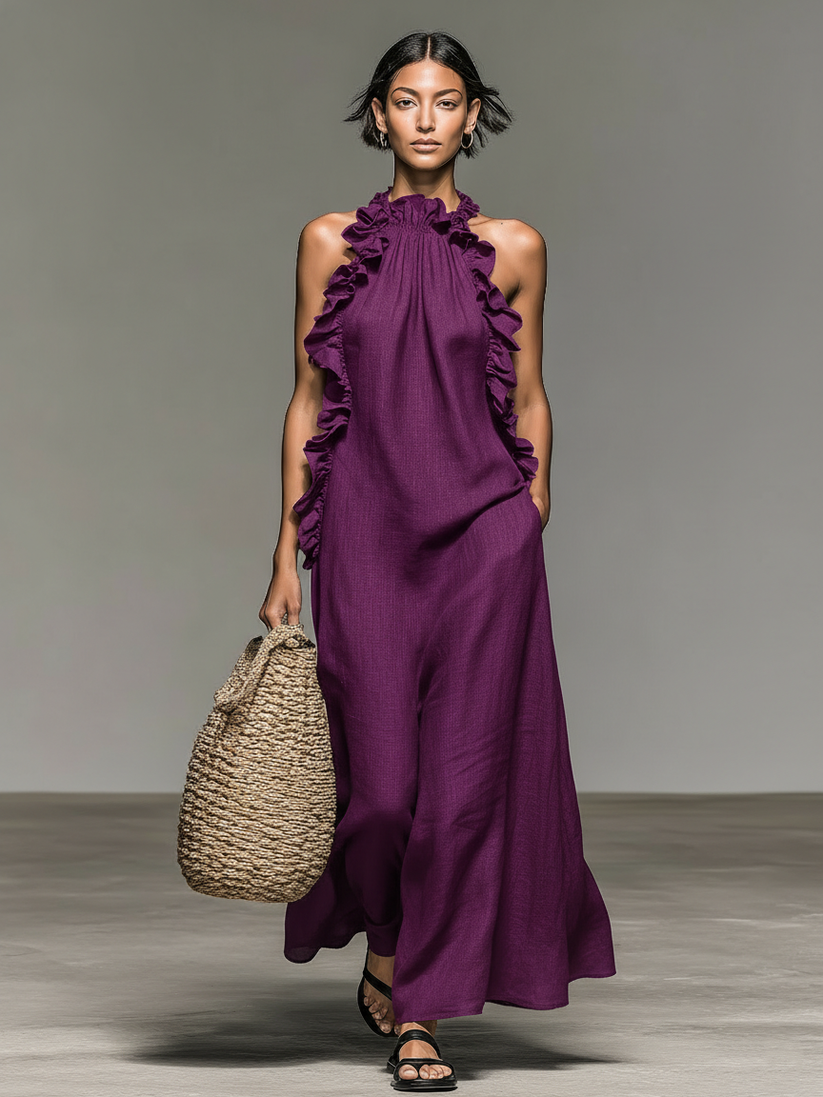 Fiora – Rochie Lungă Fără Mâneci, Cu Volane, Gât Halter Și Buzunare