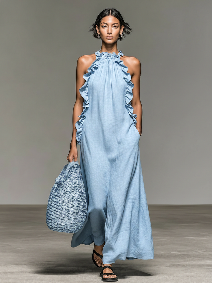 Fiora – Rochie Lungă Fără Mâneci, Cu Volane, Gât Halter Și Buzunare