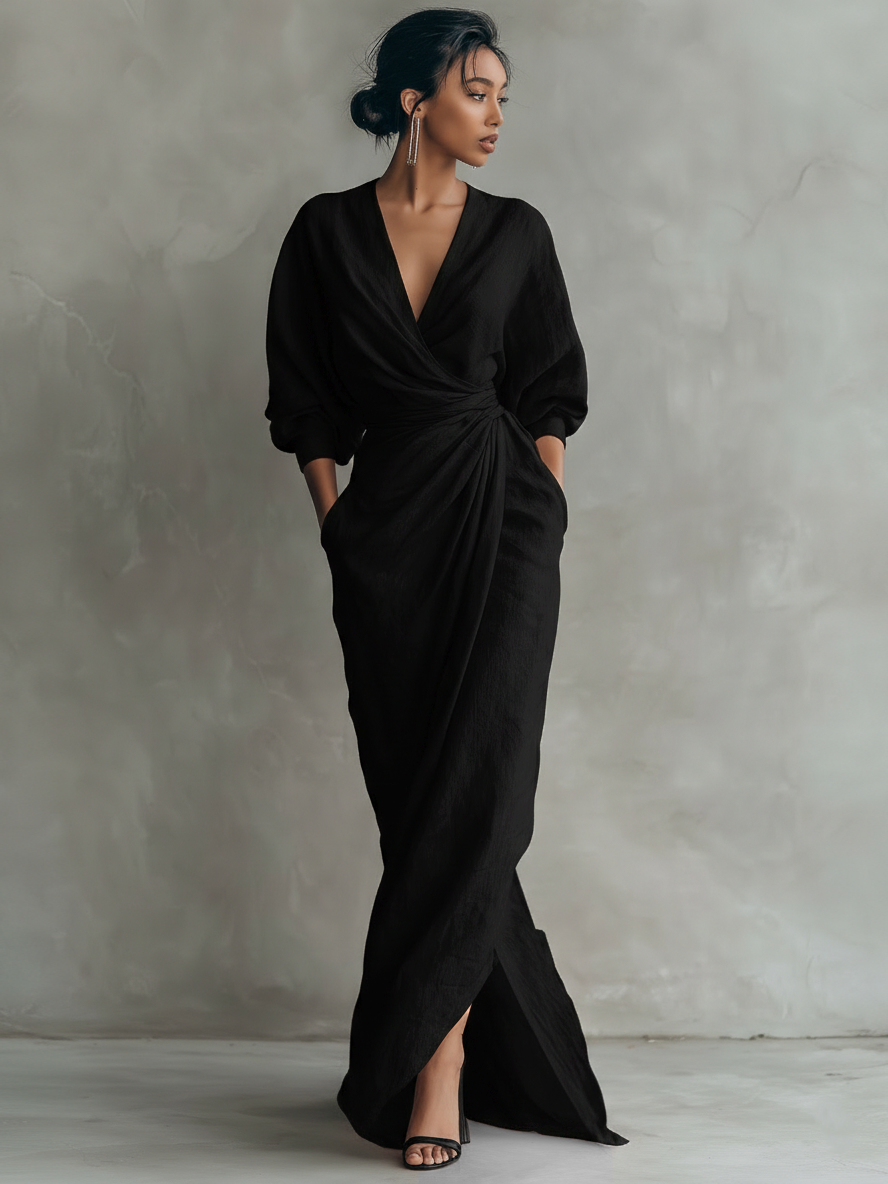 Konika – Rochie Lungă Minimalistă cu Decolteu în V
