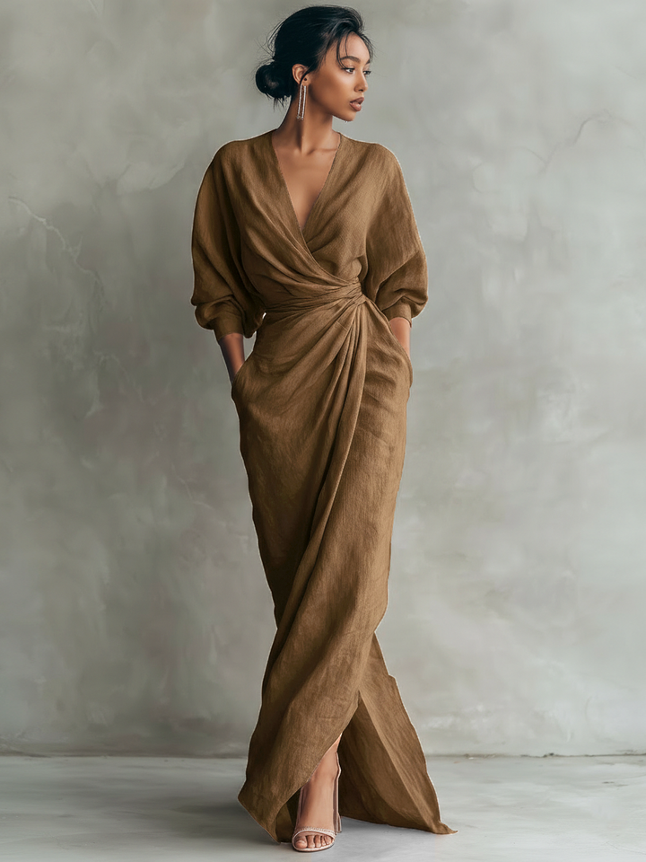 Konika – Rochie Lungă Minimalistă cu Decolteu în V