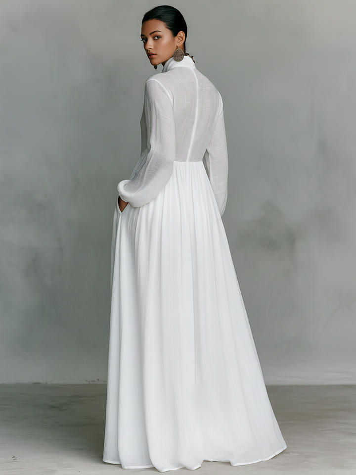 Naylia - Rochie Maxi cu Guler înalt și Mâneci Lungi