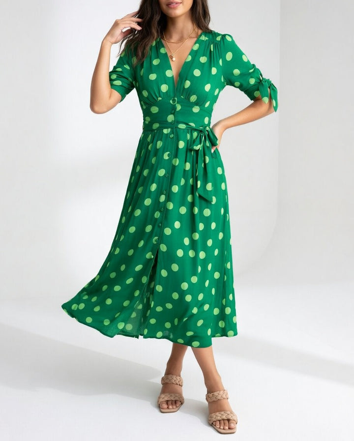 Fabienne - Rochie Midi Elegantă Cu Imprimeu În Buline