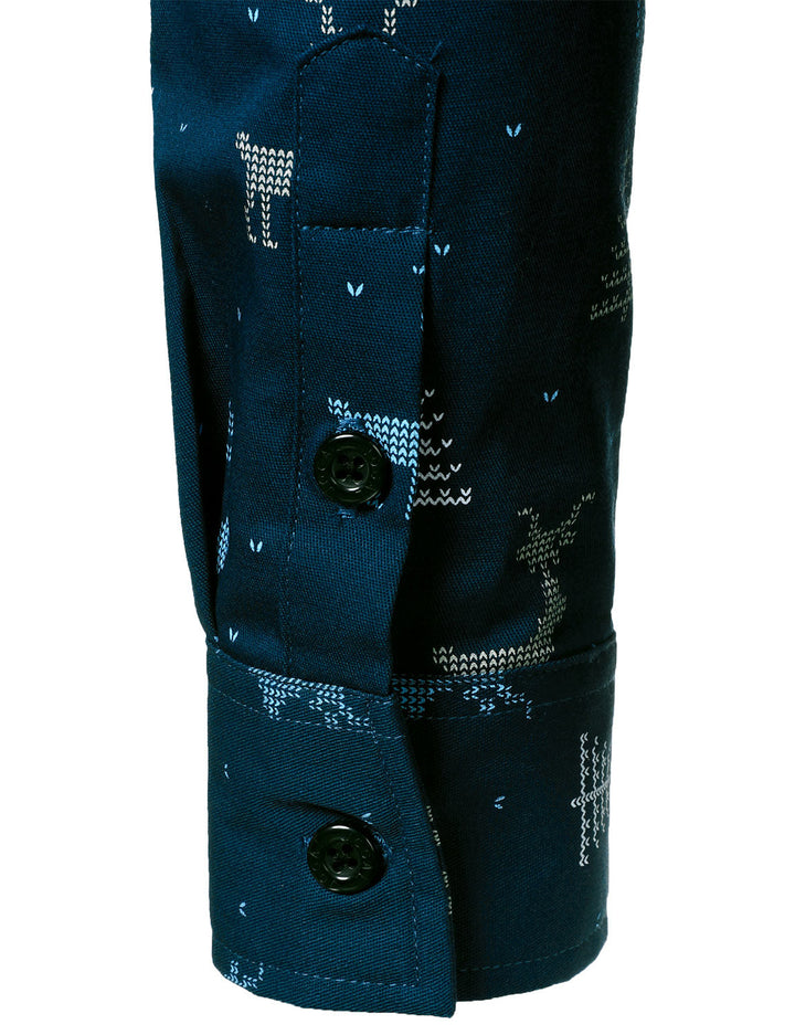 Rowan - Cămașă albastră cu Mâneci lungi, Respirabilă, cu imprimeu de Elan și brad de Crăciun, Pentru Bărbați