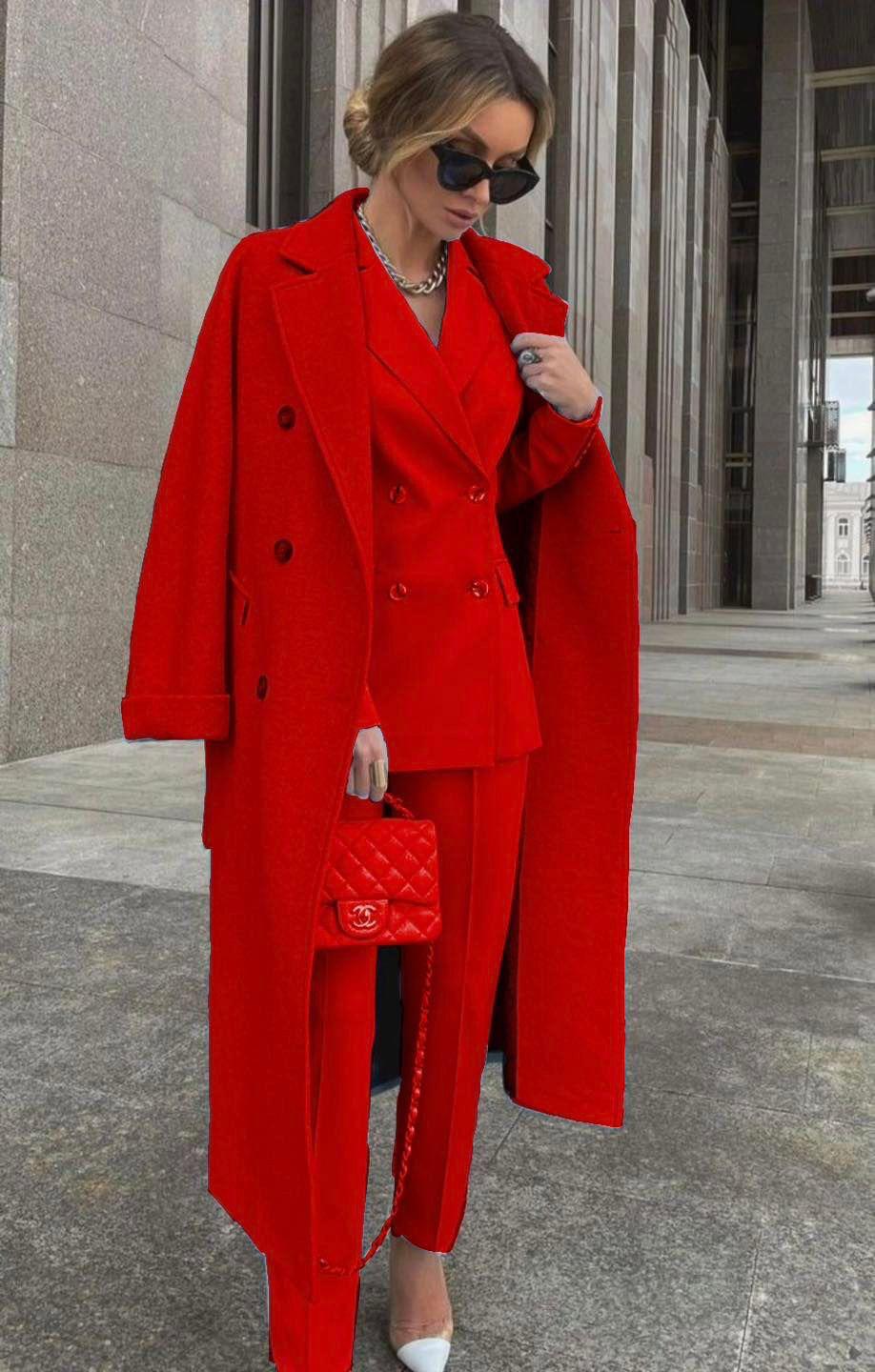 Ofelya - Set Elegant de Costum cu Două Rânduri de Nasturi și Haină lungă