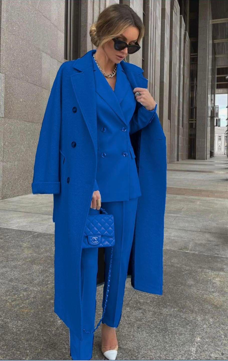 Ofelya - Set Elegant de Costum cu Două Rânduri de Nasturi și Haină lungă