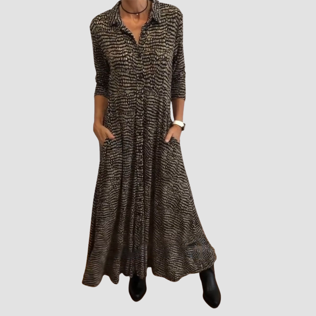 Mathea - Rochie Maxi Cu Mâneci Lungi și Buzunare