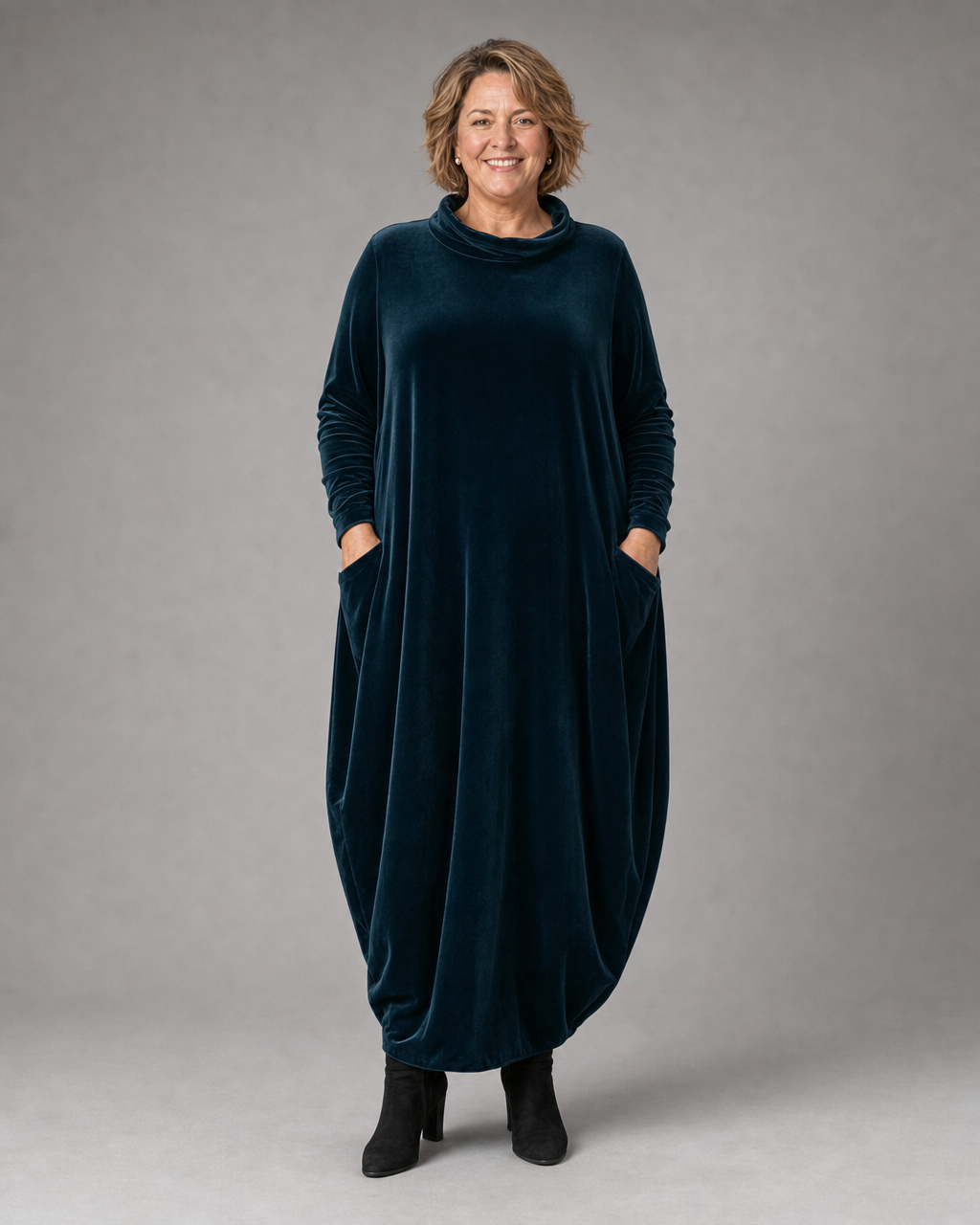 Lellina – Rochie Maxi Din Catifea, Cu Guler Înalt Și Croială Lejeră