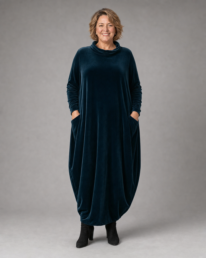Lellina – Rochie Maxi Din Catifea, Cu Guler Înalt Și Croială Lejeră