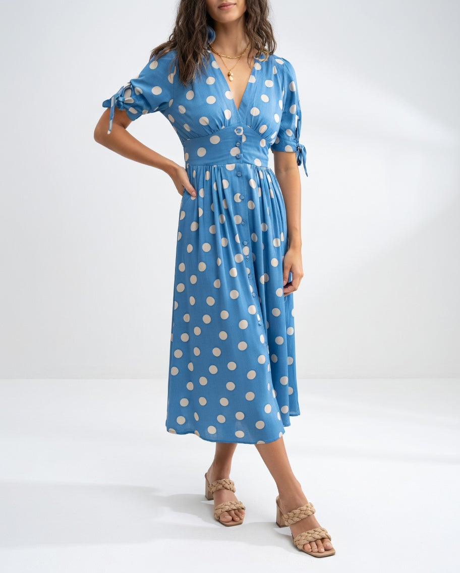 Fabienne - Rochie Midi Elegantă Cu Imprimeu În Buline