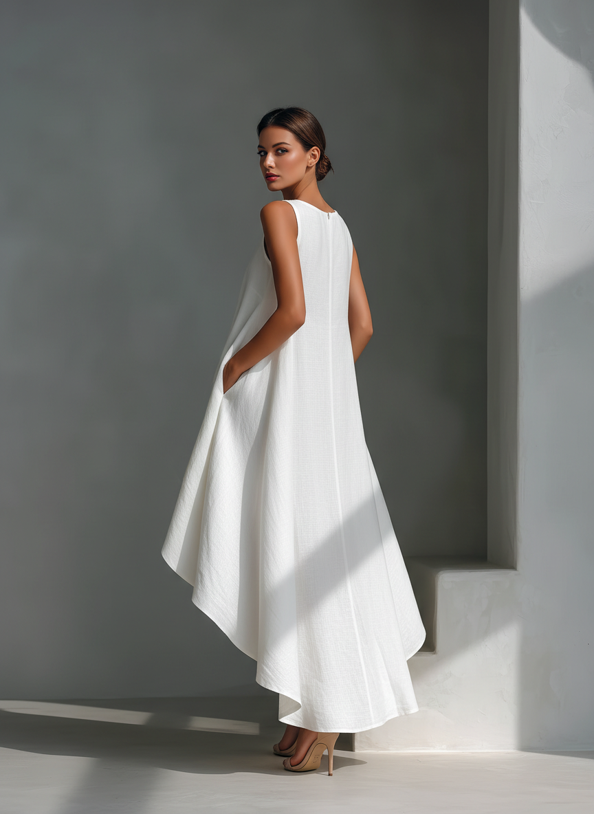 Alyna – Rochie Midi Fără Mâneci, Cu Tiv Asimetric