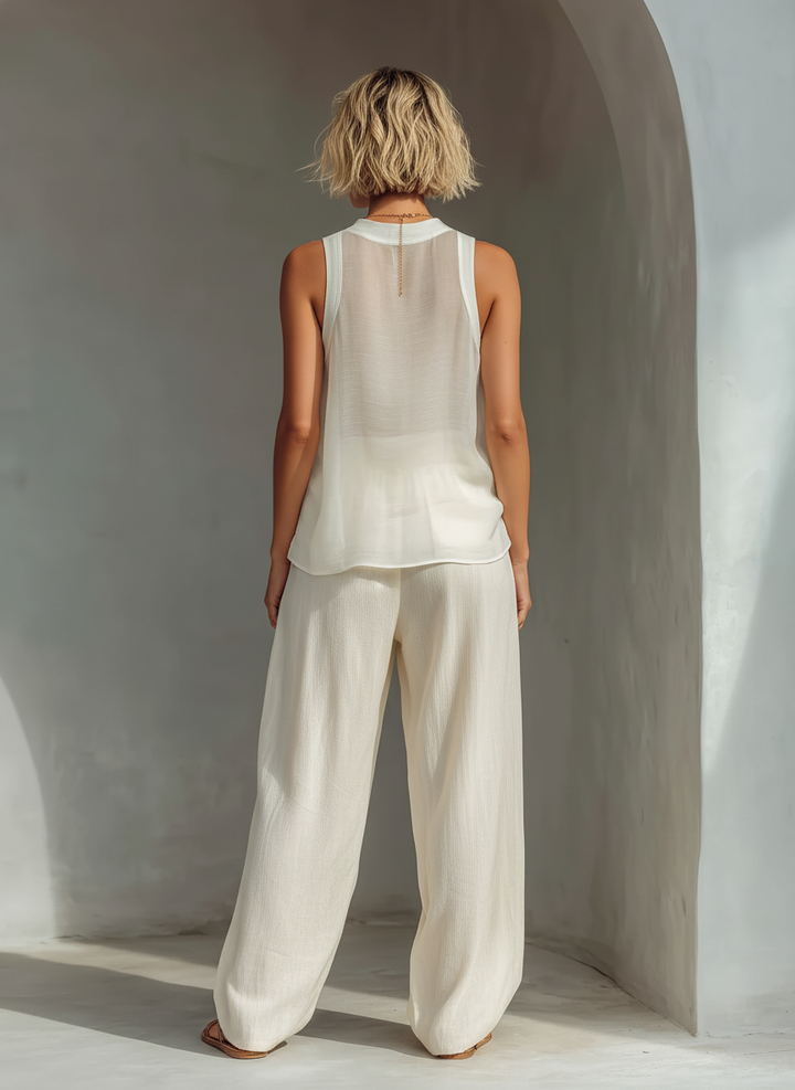 Olivian - Set Compus din top fără Mâneci din Sifon și Pantaloni cu Croi larg