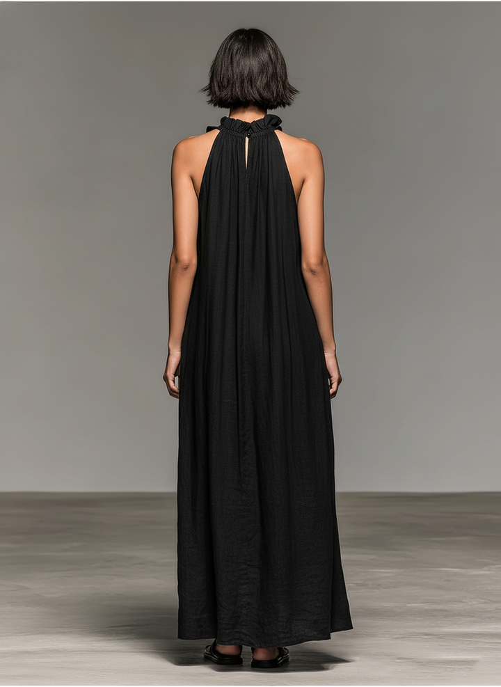 Fiora – Rochie Lungă Fără Mâneci, Cu Volane, Gât Halter Și Buzunare