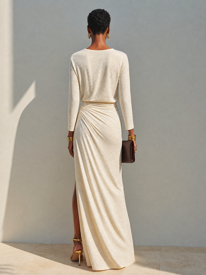 Noeza - Rochie Maxi Cu Guler Rotund, Drapată Și Cu Fante