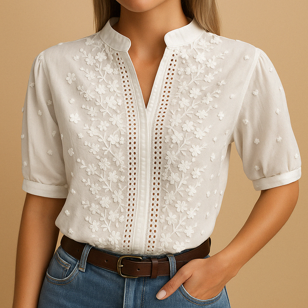 Leanaa - Bluză La Modă Cu Broderie Florală