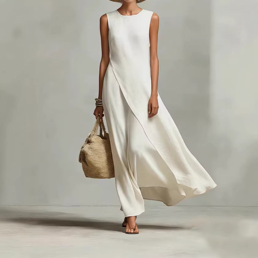 Hishina - Rochie Lungă Asimetrică Din in, Fără Mâneci