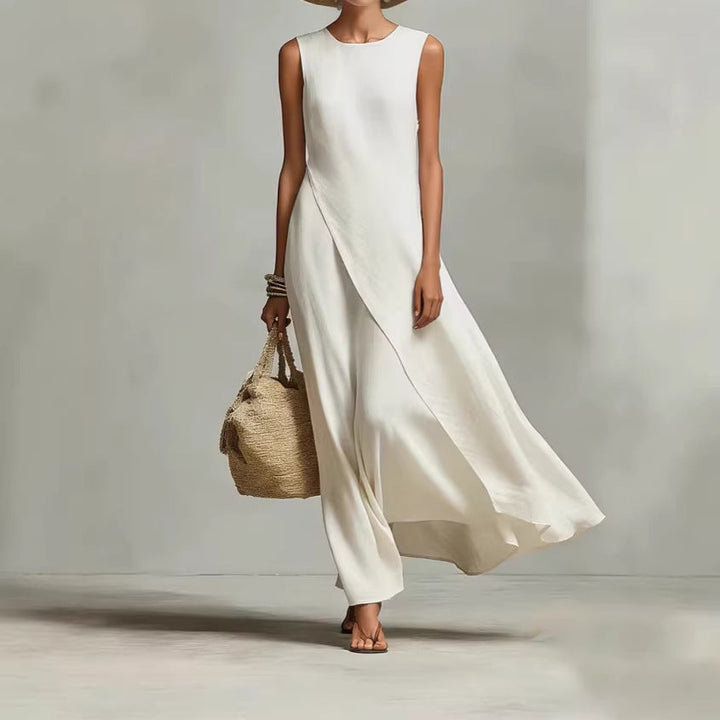Hishina - Rochie Lungă Asimetrică Din in, Fără Mâneci