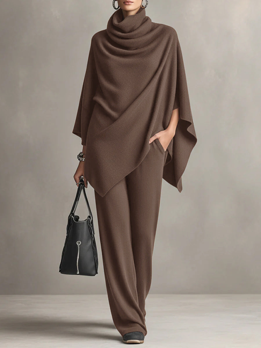 Laleh - Set Urban Casual Cu Poncho Cu Guler înalt și Pantaloni